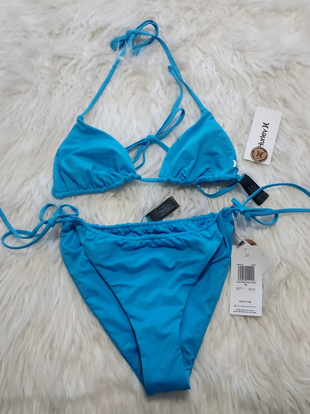Hurley Blue Cheeky Coverage Triangle String Bikini Set Sz-XL